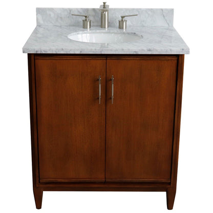 31" Single sink vanity in Walnut finish with White Carrara marble with oval sink