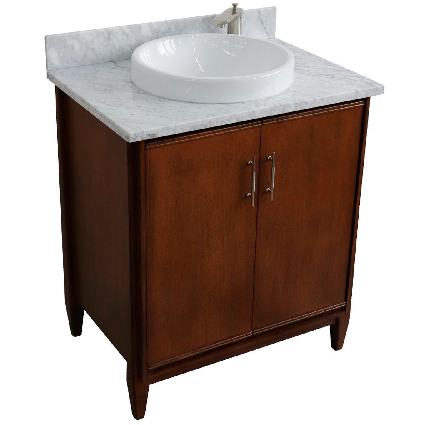 31" Single sink vanity in Walnut finish with White Carrara marble with round sink