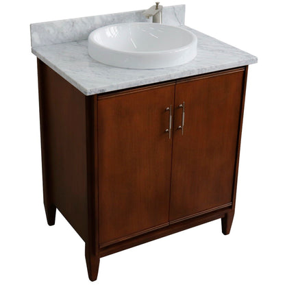 31" Single sink vanity in Walnut finish with White Carrara marble with round sink