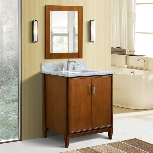 31" Single sink vanity in Walnut finish with White Carrara marble with rectangle sink
