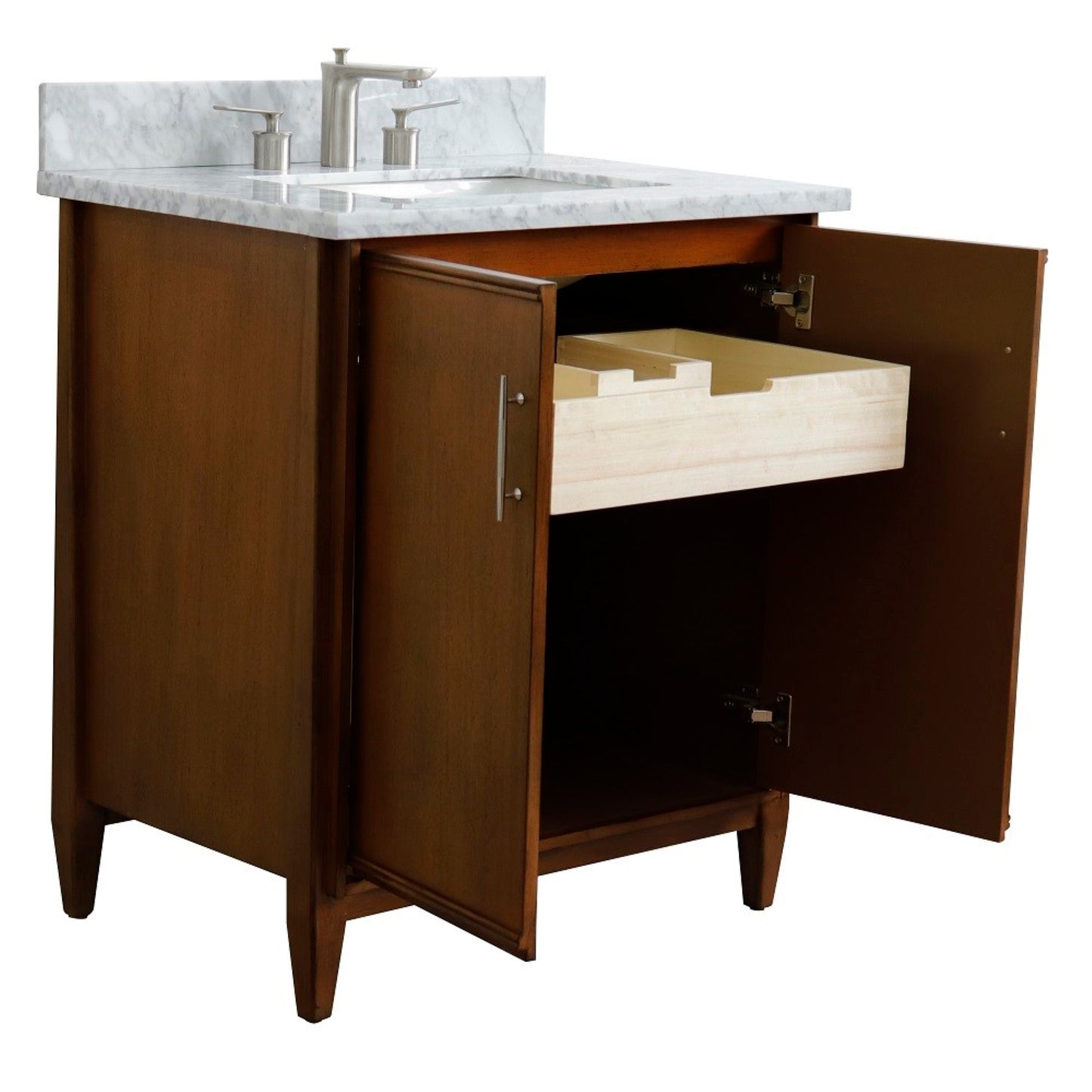 31" Single sink vanity in Walnut finish with White Carrara marble with rectangle sink