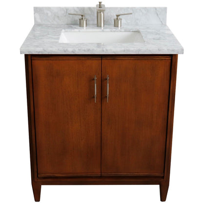 31" Single sink vanity in Walnut finish with White Carrara marble with rectangle sink