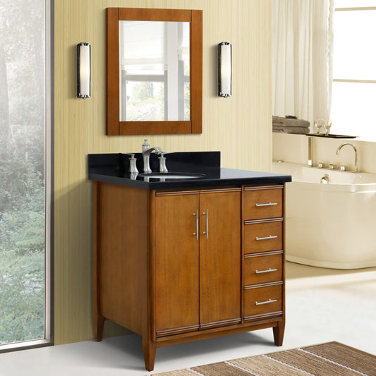 37" Single vanity in Walnut finish with Black galaxy and oval sink Left door/Left sink