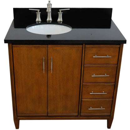37" Single vanity in Walnut finish with Black galaxy and oval sink Left door/Left sink