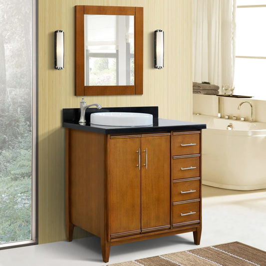 37" Single vanity in Walnut finish with Black galaxy and round sink Left door/Left sink