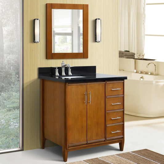 37" Single vanity in Walnut finish with Black galaxy and rectangle sink Left door/Left sink