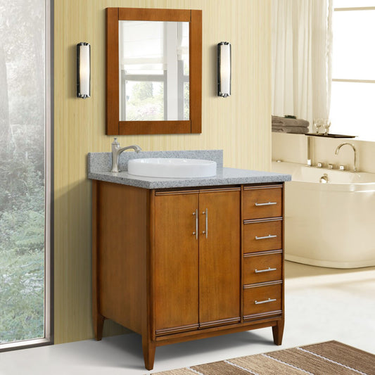 37" Single vanity in Walnut finish with Gray granite and round sink Left door/Left sink