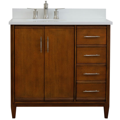 37" Single vanity in Walnut finish with White engineered stone and oval sink Left door/Left sink