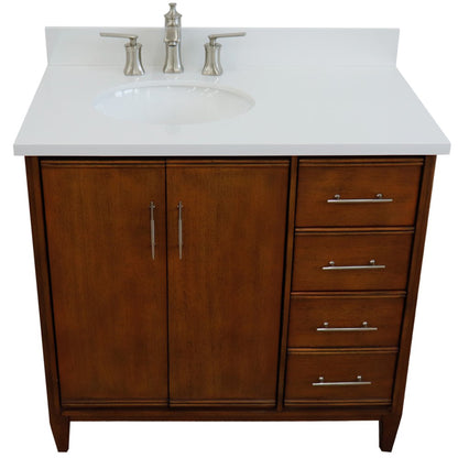 37" Single vanity in Walnut finish with White engineered stone and oval sink Left door/Left sink
