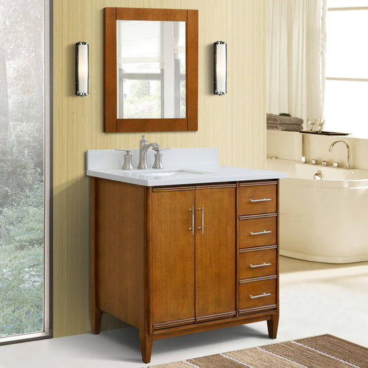 37" Single vanity in Walnut finish with White engineered stone and rectangle sink Left door/Left sink