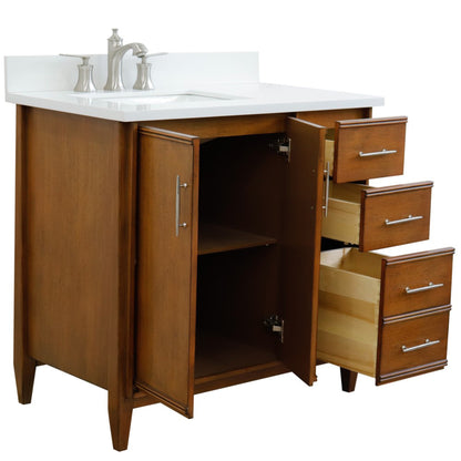37" Single vanity in Walnut finish with White engineered stone and rectangle sink Left door/Left sink