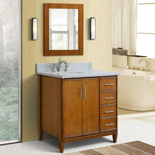 37" Single vanity in Walnut finish with White Carrara and oval sink Left door/Left sink