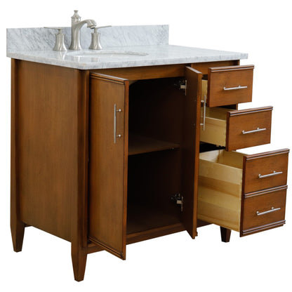 37" Single vanity in Walnut finish with White Carrara and oval sink Left door/Left sink