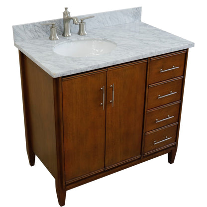 37" Single vanity in Walnut finish with White Carrara and oval sink Left door/Left sink