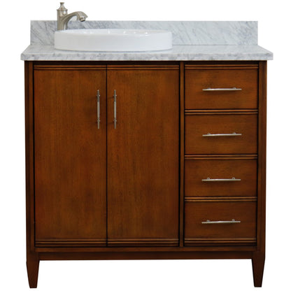 37" Single vanity in Walnut finish with White Carrara and round sink Left door/Left sink