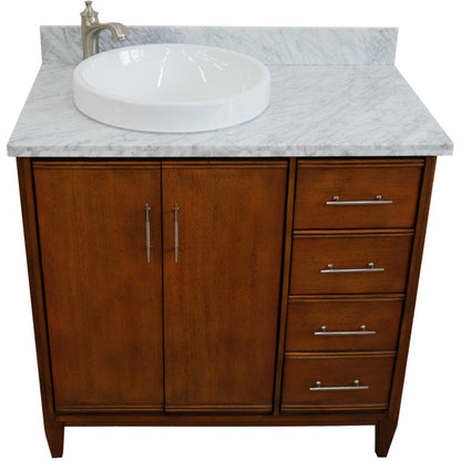 37" Single vanity in Walnut finish with White Carrara and round sink Left door/Left sink