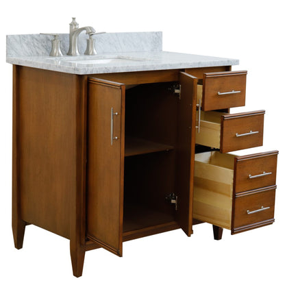37" Single vanity in Walnut finish with White Carrara and rectangle sink Left door/Left sink