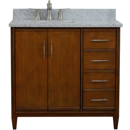37" Single vanity in Walnut finish with White Carrara and rectangle sink Left door/Left sink