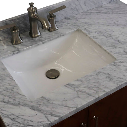 37" Single vanity in Walnut finish with White Carrara and rectangle sink Left door/Left sink