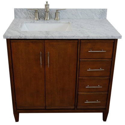 37" Single vanity in Walnut finish with White Carrara and rectangle sink Left door/Left sink