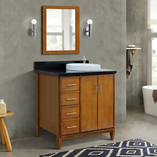 37" Single vanity in Walnut finish with Black galaxy and round sink Right door/Right sink