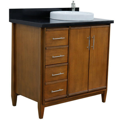 37" Single vanity in Walnut finish with Black galaxy and round sink Right door/Right sink