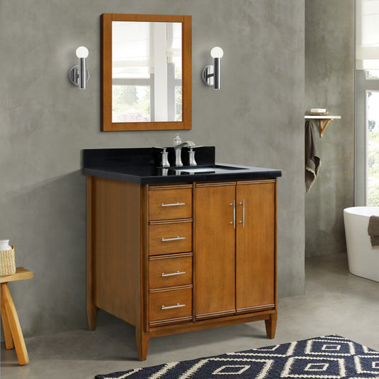 37" Single vanity in Walnut finish with Black galaxy and rectangle sink Right door/Right sink