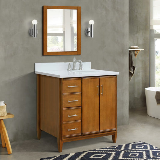 37" Single vanity in Walnut finish with White engineered stone and oval sink Right door/Right sink