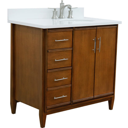 37" Single vanity in Walnut finish with White engineered stone and oval sink Right door/Right sink