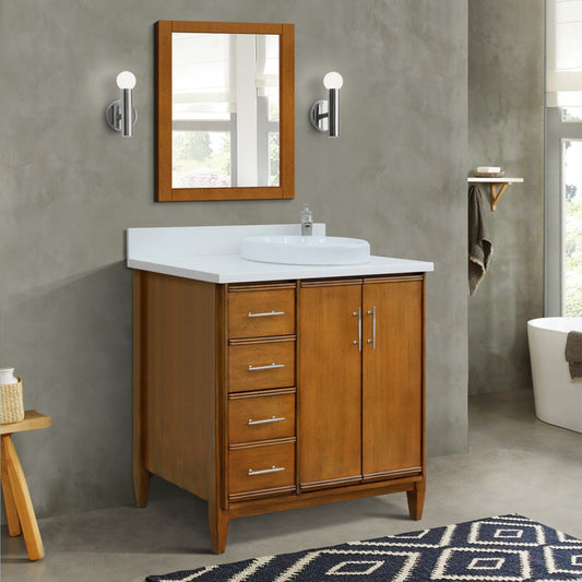 37" Single vanity in Walnut finish with White engineered stone and round sink Right door/Right sink