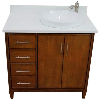 37" Single vanity in Walnut finish with White engineered stone and round sink Right door/Right sink
