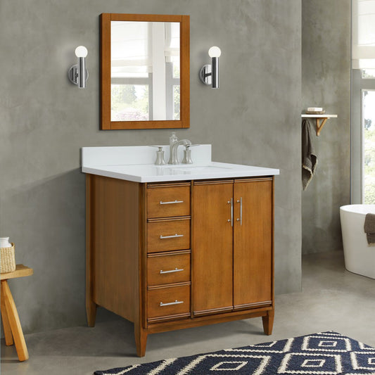 37" Single vanity in Walnut finish with White engineered stone and rectangle sink Right door/Right sink