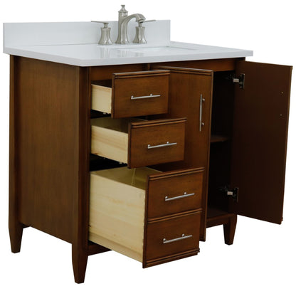 37" Single vanity in Walnut finish with White engineered stone and rectangle sink Right door/Right sink