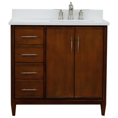 37" Single vanity in Walnut finish with White engineered stone and rectangle sink Right door/Right sink