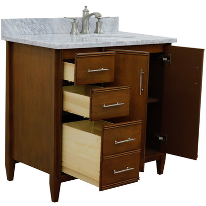 37" Single vanity in Walnut finish with White Carrara and oval sink Right door/Right sink