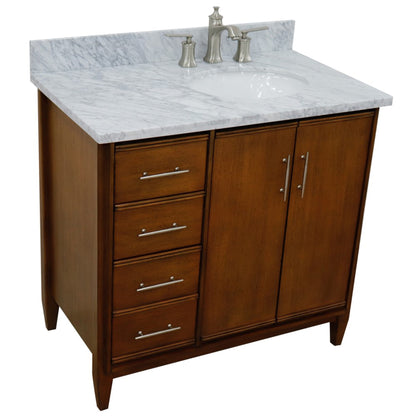 37" Single vanity in Walnut finish with White Carrara and oval sink Right door/Right sink
