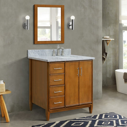 37" Single vanity in Walnut finish with White Carrara and rectangle sink Right door/Right sink