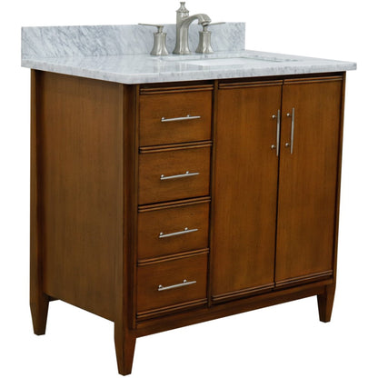 37" Single vanity in Walnut finish with White Carrara and rectangle sink Right door/Right sink