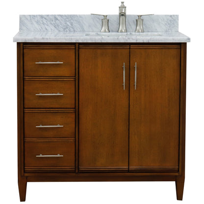 37" Single vanity in Walnut finish with White Carrara and rectangle sink Right door/Right sink
