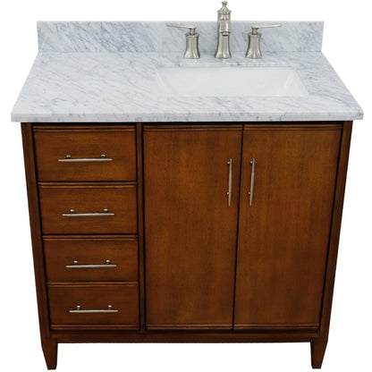 37" Single vanity in Walnut finish with White Carrara and rectangle sink Right door/Right sink