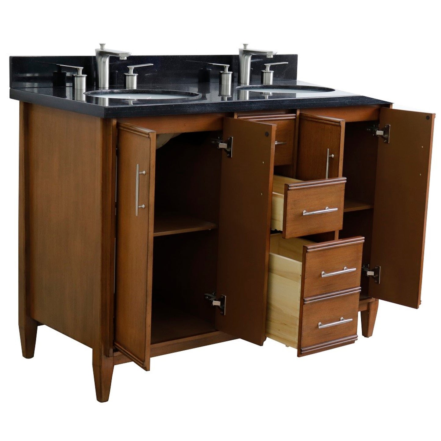 49" Double sink vanity in Walnut finish with Black galaxy granite and oval sink