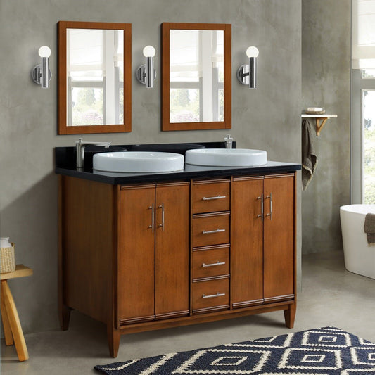 49" Double sink vanity in Walnut finish with Black galaxy granite and round sink