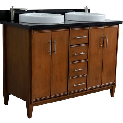 49" Double sink vanity in Walnut finish with Black galaxy granite and round sink