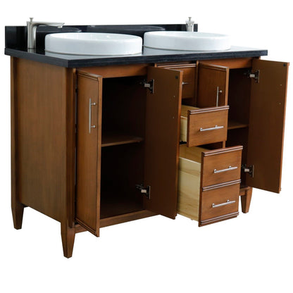 49" Double sink vanity in Walnut finish with Black galaxy granite and round sink