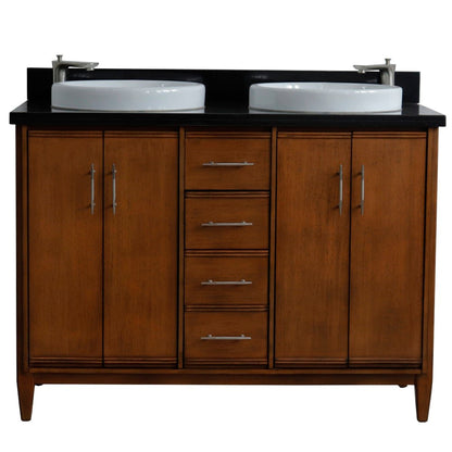 49" Double sink vanity in Walnut finish with Black galaxy granite and round sink