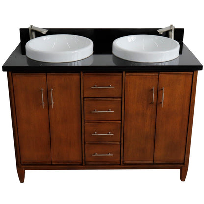 49" Double sink vanity in Walnut finish with Black galaxy granite and round sink