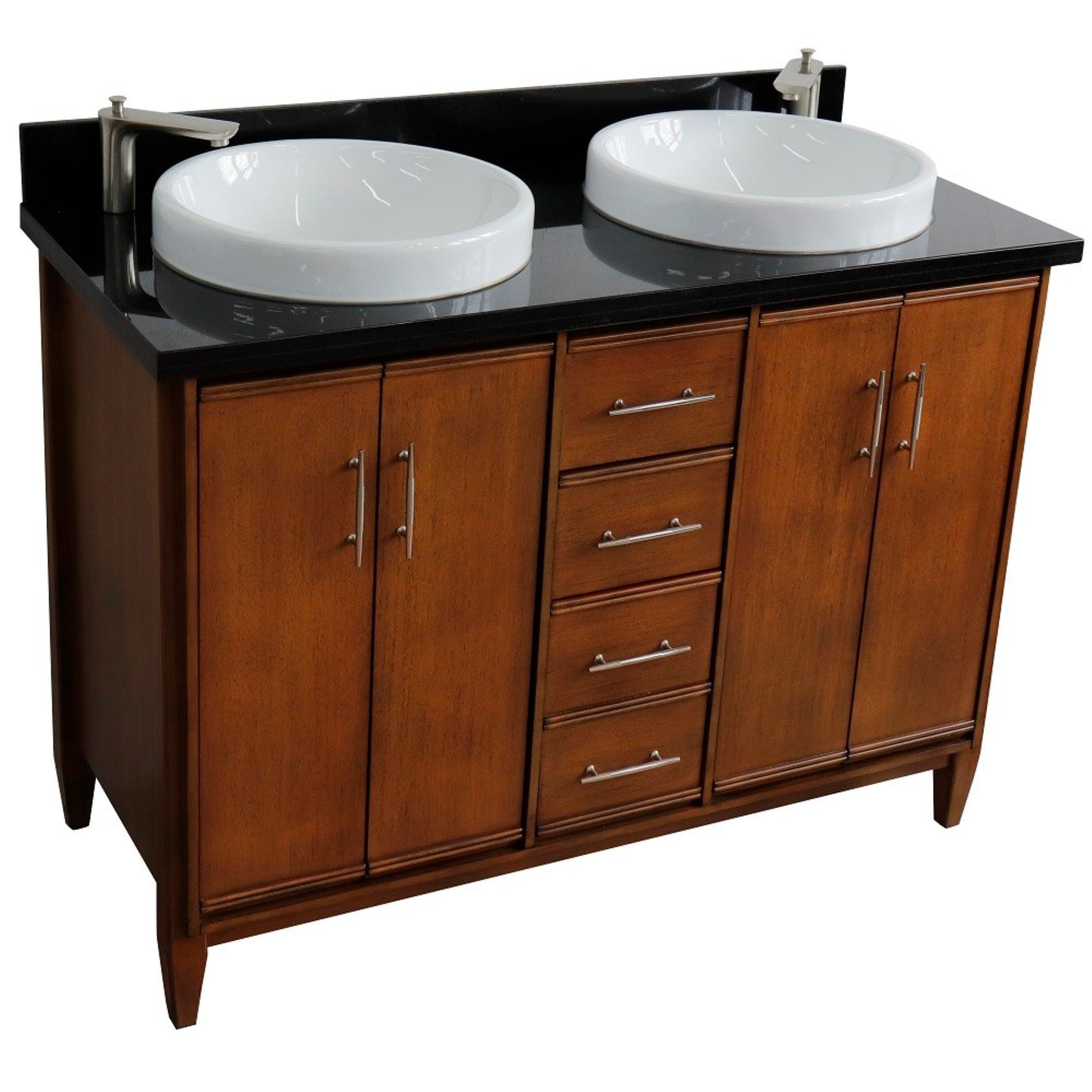 49" Double sink vanity in Walnut finish with Black galaxy granite and round sink