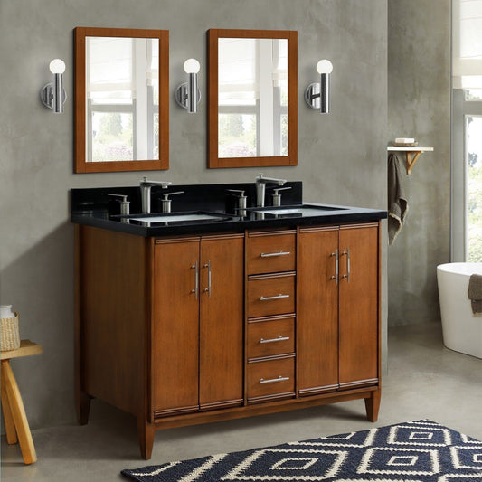 49" Double sink vanity in Walnut finish with Black galaxy granite and rectangle sink