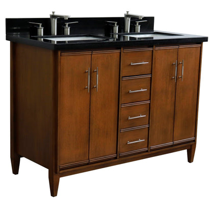 49" Double sink vanity in Walnut finish with Black galaxy granite and rectangle sink