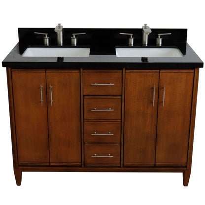 49" Double sink vanity in Walnut finish with Black galaxy granite and rectangle sink